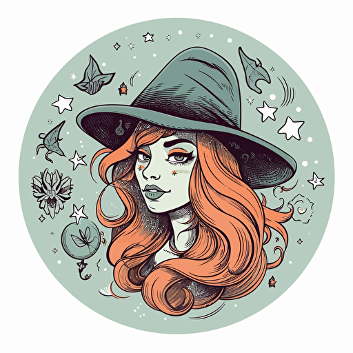 witchy, Sticker, Lovely, Muted Color, Disney, Contour, Vector, White Background, Detailed