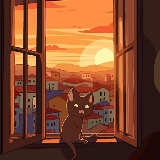 a cartoon cat looking at camera on a window overlooking an italian city during sunset, simple art style, vector art