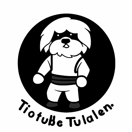 a minimal, circular, black and white vector logo of a Coton de Tulear who is a ninja