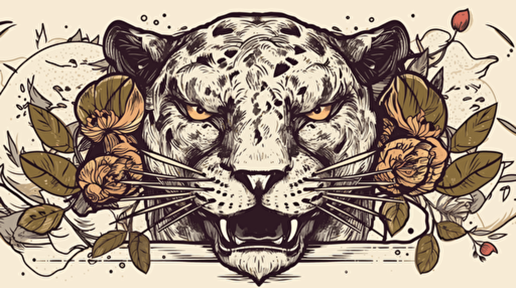 japanese retro style package label ancient primitive front view of an angry panther face vectorized draw, amazonian elements, forest around, with botanical flowers, with an coca leaf arc around the panther, perfect shapes, rupestrian, illustrator, , behance white background