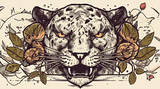 japanese retro style package label ancient primitive front view of an angry panther face vectorized draw, amazonian elements, forest around, with botanical flowers, with an coca leaf arc around the panther, perfect shapes, rupestrian, illustrator, , behance white background