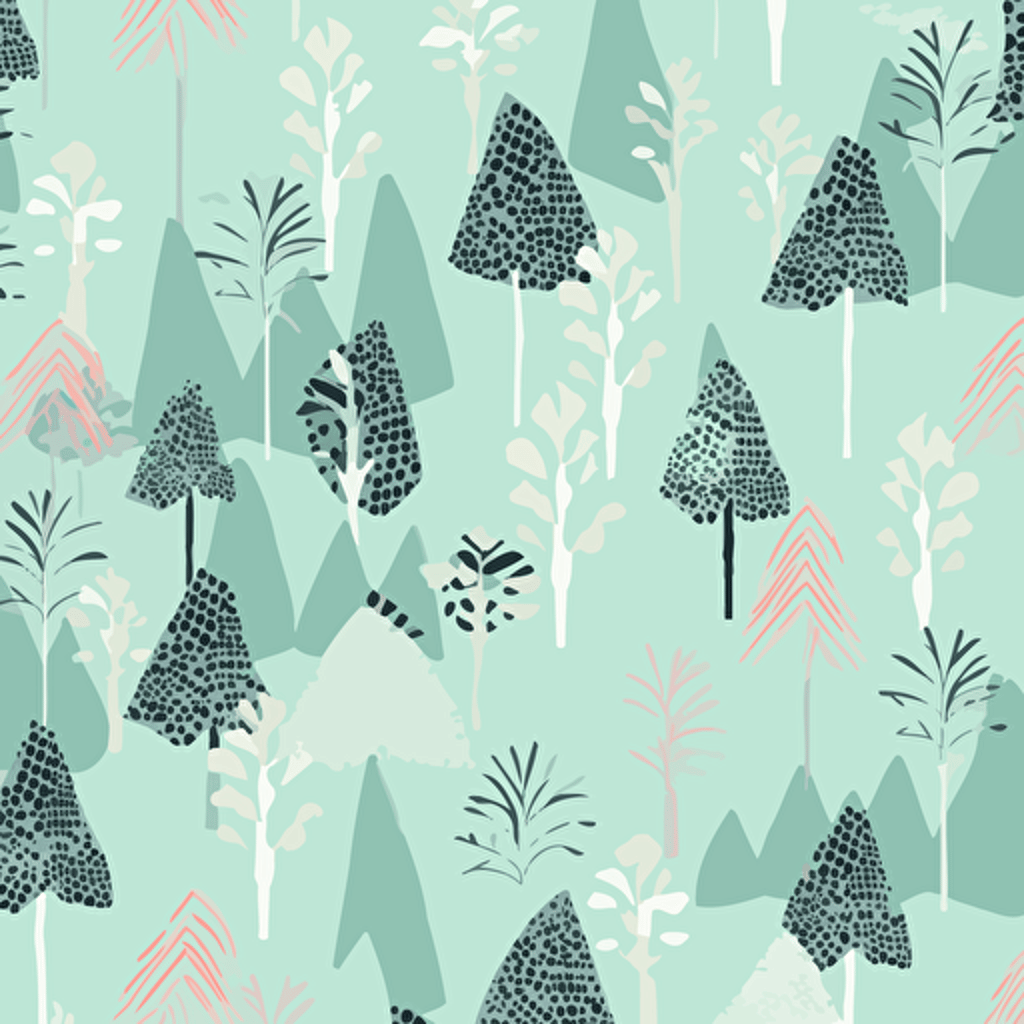 Leaves, trees, palmtree, mountains, and everything representing nature in minimalistic style pattern, fabric print in vibrant christmas themed colors vector pattern light mint color background