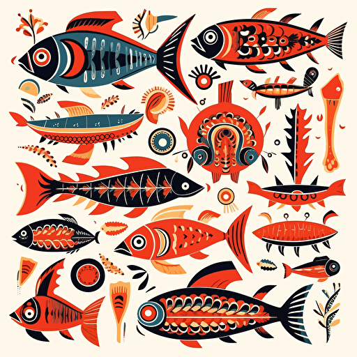 Folk art flash sheet, warm color palette, vector, sixteenth century fish