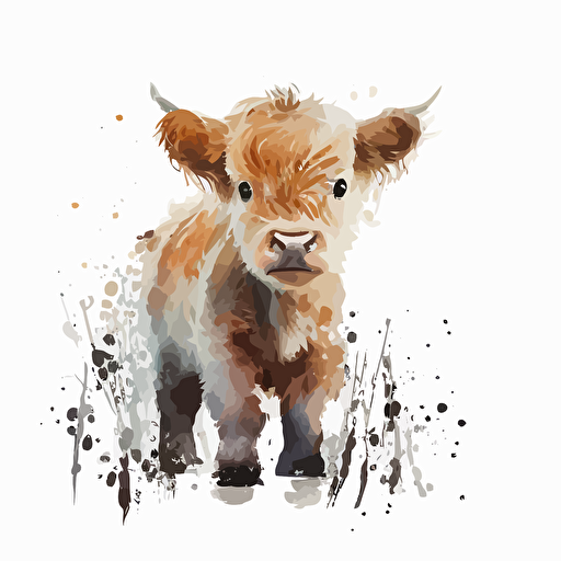 baby watercolor highland cattle vector,comic style, white background