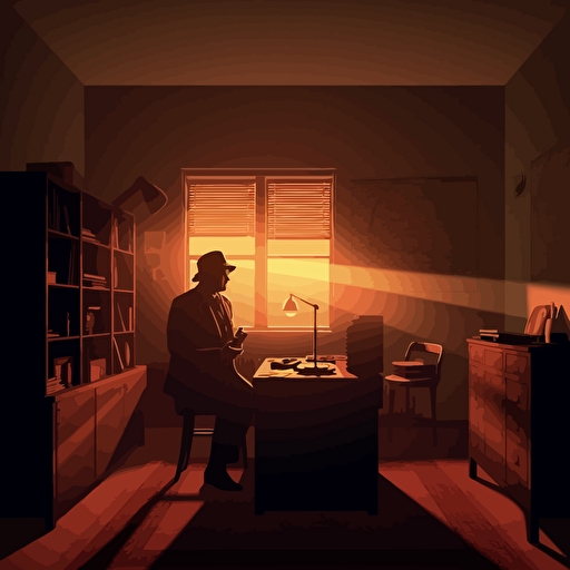 1940s private detective office, sunset, chiaroscuro lighting, vector