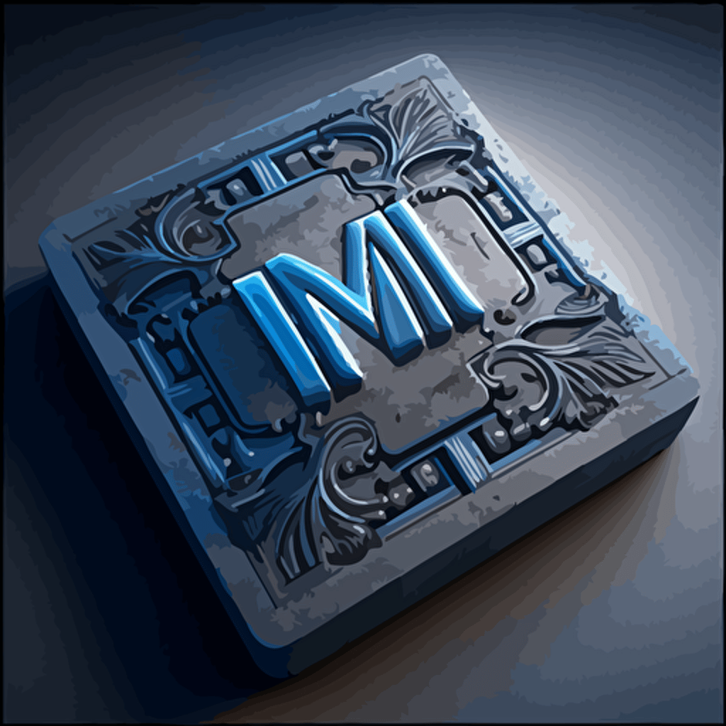 smooth flat gray logo vectorial stone in front view with giant inlaid letters reading "NIEM" and the I protruding as if carved into the stone, then tiny computer chip tech grids glowing with blue light embedded in the stone