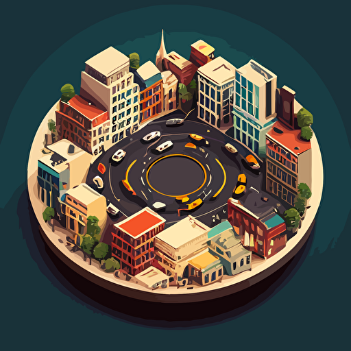 an isometric downtown city with tall buildings, roads and vehicles sitting on a circular flat disk in vector art style