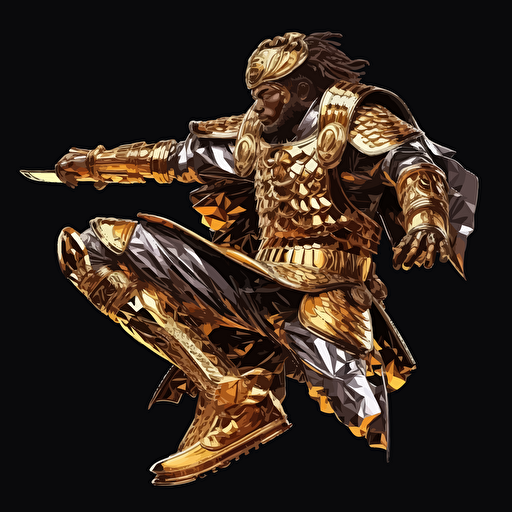 sword swinging samurai wearing gold hip hop jewelry and Jordan 1 shoes. Hyper details. Hdr. 16k. Uhd. Vector image. Drawing. Black background