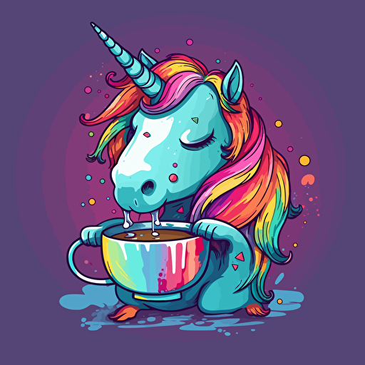 vector cartoonish rainbow color unicorn drinking coffee