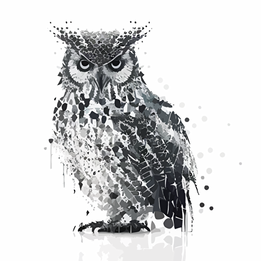 Owl made out of connected dots, vector art, ink, white background