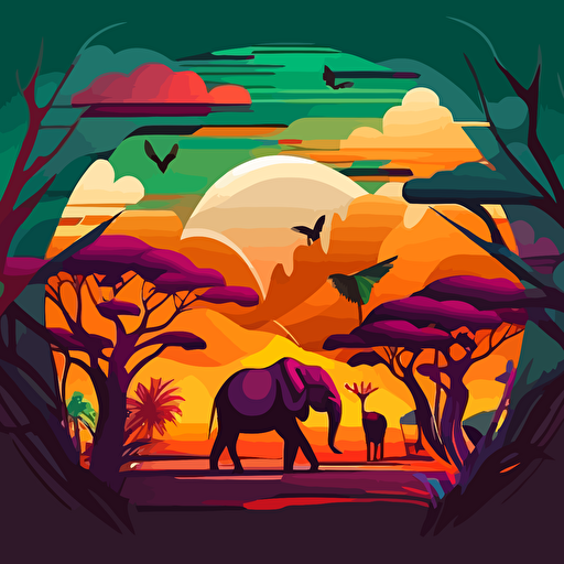 Minimalistic, vector illustration, zoo background, mystical, vibrant colors, rolling sky