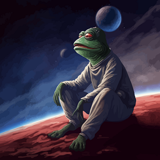 pepe, 2d vector, cartoon, rich pepe, staring at the earth from the moon