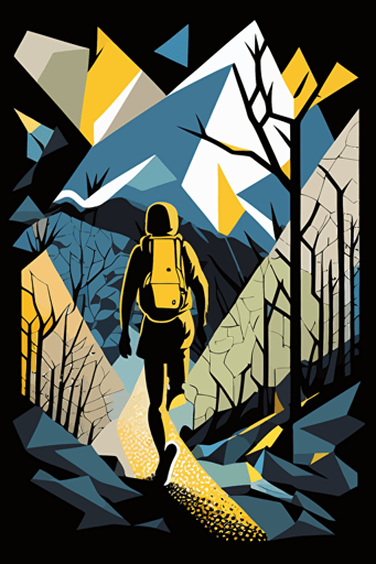 hiker trekking through the wilderness, simple geometrical shapes, blue, yellow and white colors, pop art deco illustration, hand vector art, black background,