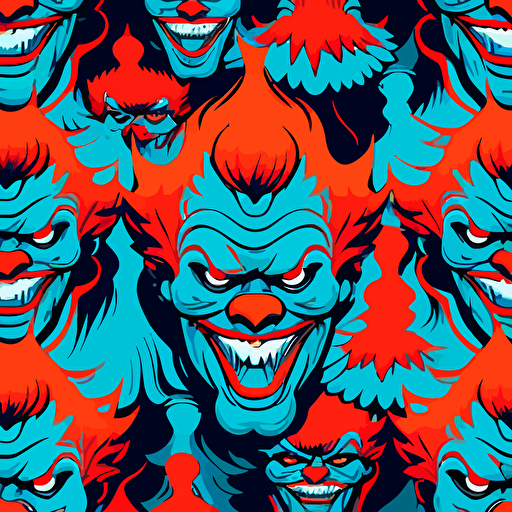 a seamless scary clown pattern with stephen kings it included in a cartoony vector style using neon saturted colours
