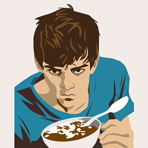 grand theft auto san andreas style of a young man with short brown hair and serious face expression staning on the center of playground and eating cereals with spoon from bowl, san andreas gta style, vector, hd