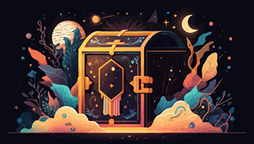 "Amid the lively atmosphere of a digital exchange, a distinctive digital treasure chest stands unwavering, decorated with rich patterns and colors, tightly enveloped by an aura of ownership and security, with digits and symbols intertwining into a sparkling starry sky, highlighting the unique position of NFTs in the blockchain trading ecosystem. Flat illustration, UI illustration, GUI, Minimalism, dark background, vector, trending on Dribbble, Pinterest