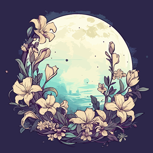 moon and flowers, cartoon, vector style