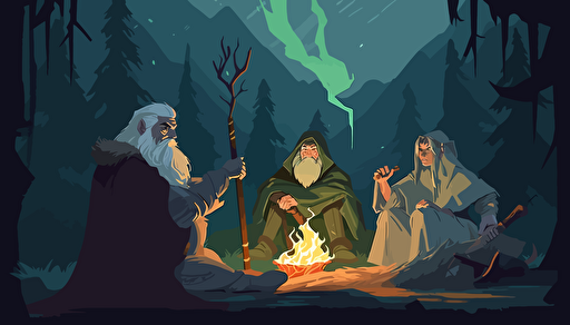Vector art of a barbarian orc, a wizard in grey robes, an elf in green robes and a female hobbit in a black cloak, sitting around a fire at night.