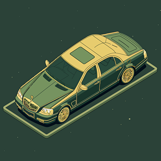 isometric world, two-tone gold over dark green 2003 Maybach 57, parked on street in Chicago, in the style of Matthew Skiff illustrations, in the style of Christopher Lee illustrations, in the style of Jonathan Ball illustrations, simple, rough-edged drawing, vector illustration, flat art,