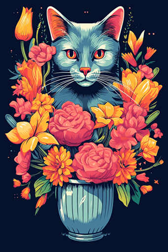 colorful svg vector drawing of a beautiful cat near a vase full of flowers