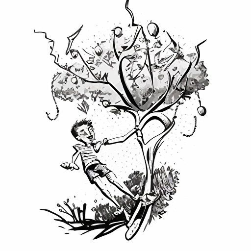 boy wearing shorts flying over tall and skinny tree, with branches that twisted and turned in every direction. Black and White vector illustration. Cheerful image with magical fruit around