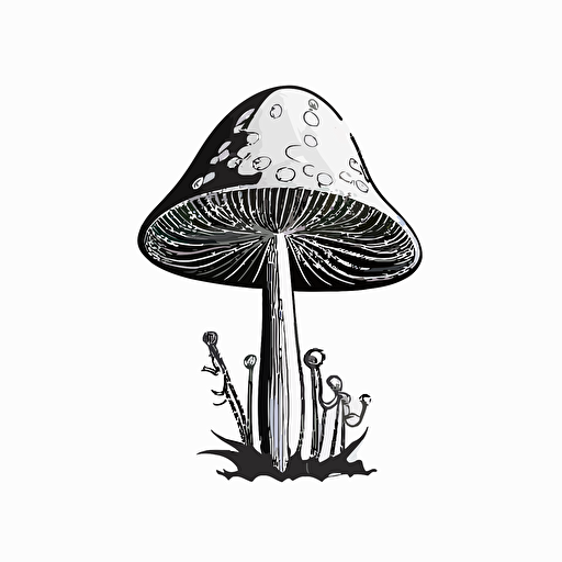whimsical mushroom in style of charles williams, simple, black and white, flat, vector, line drawling, white background ar 1:1