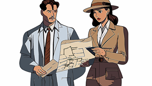 A women holding a piece of paper, showing it to a man dressed as a detective. flat style illustration for business ideas, flat design vector, industrial, light color pallet using a limited color pallet, high resolution, engineering/ construction and design, colored cartoon style, light indigo and light gold, cad( computer aided design) , white background