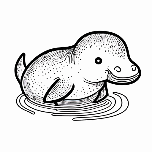 platypus in cartoon style, kids coloring page, simple line work, black and white no shadow, flat simple vector illustraion, cute and happy platypus with blush, smily face, in the water