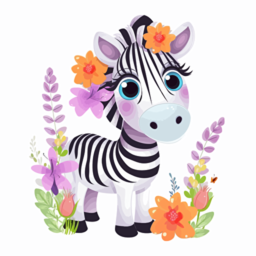 cute zebra with flowers, cartoon style, 2d clipart vector, creative and imaginative, hd, white background