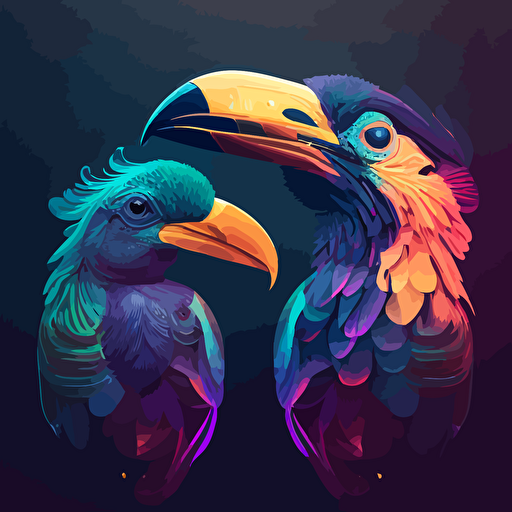 two different birds species talking to each other:: one of them is a toucan, second one is flamingo::vector illustration::colorful, vaporwave colors, no background color