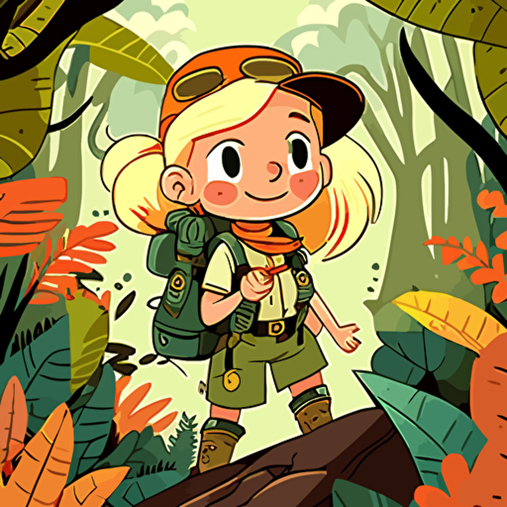ILLUSTRATION OF A CARTOON BLONDE FEMALE CHILD in an explorer outfit FOR A CHILDRENS BOOK, IN THE STYLE OF genndy tartakovsky. , RAIN FORREST, tree lizards, JUNGLE, hiking, ADVENTURE SCENE, EXPLORer, vines, 1st person CAMERA VIEW. gOLDEN HOUR. happy and determined VECTOR ILLUSTRATION