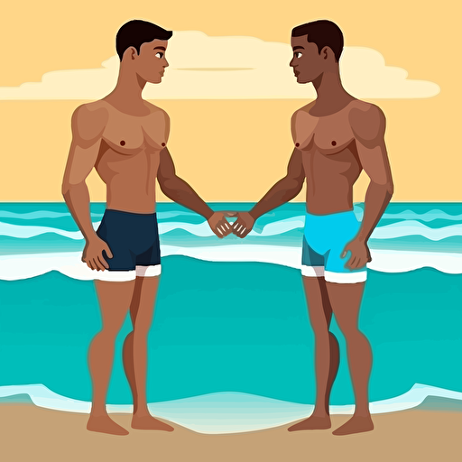 two cute male swimmers on the beach, muscular, abs, six-pack, holding hands, vector