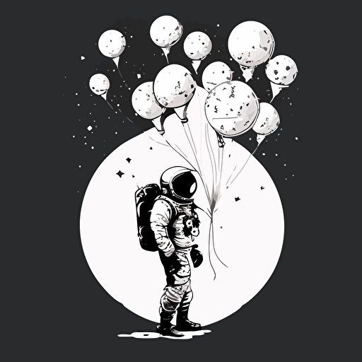 black and white illustration of an astronaut in his spacesuit holding a string from a bunch of balloons, but the balloons are actually planets from the solar system. He is looking up and being pulled up into the sky by the balloons. Comic vector illustration style, flat design, transparent background, simple.