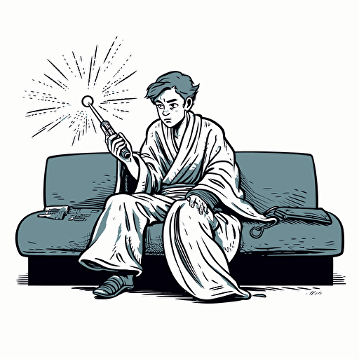 young luke skywaker in jedi robes holding a lit lightsaber, on a psychiatrists couch looking worried and confused, comic book style vector drawing white background