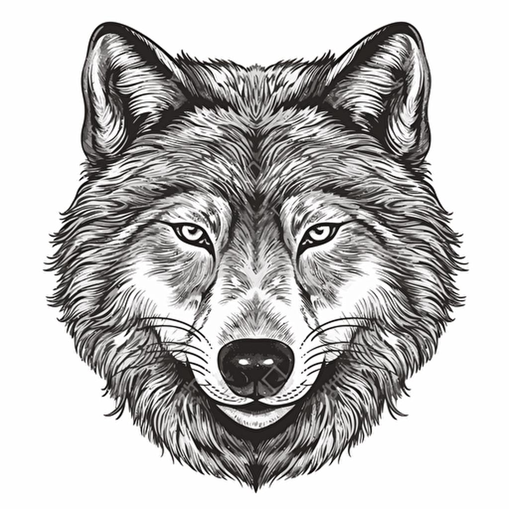 very detailed wolf face, black and white design, vector isolated on white