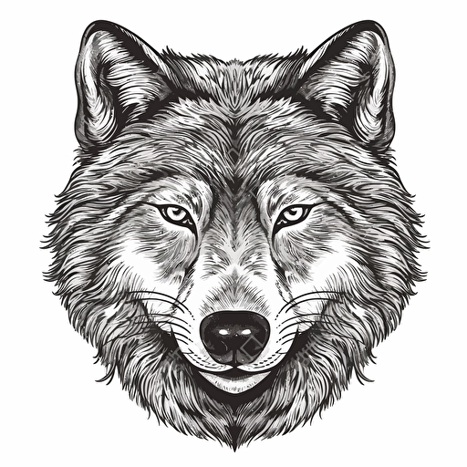 very detailed wolf face, black and white design, vector isolated on white