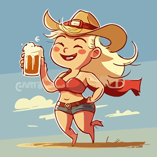 pig, female, baywatch, cowboy hat, beer in the hand, blonde hair, fun, playful, cartoon, super cute, beach, 2d, vector, flat
