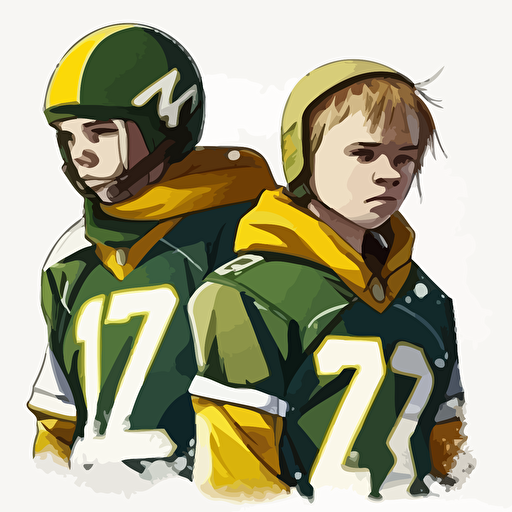 two brothers, Brozen Tundra, very cold, icy, looking tough,champions, wearing green and yellow, wearing an oblong brown football, sports logo style, white background, vector