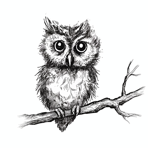 baby owl drawn from a single pen stroek, black on white background, simple, vector