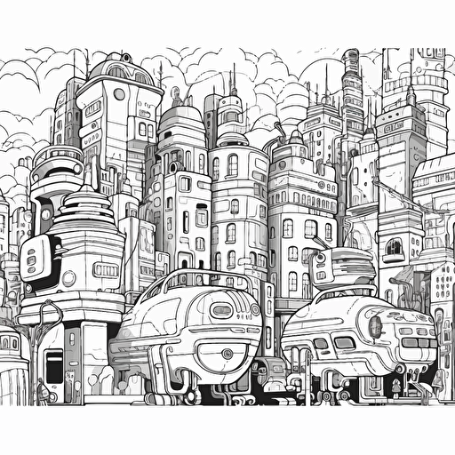 Futuristic City. Cartoon. Coloring page. Vector. Simple.