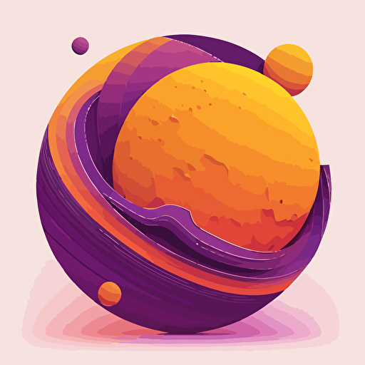 An orange planet shaped like a coin orbiting around a large purple sun, limited color palette, vector, simple
