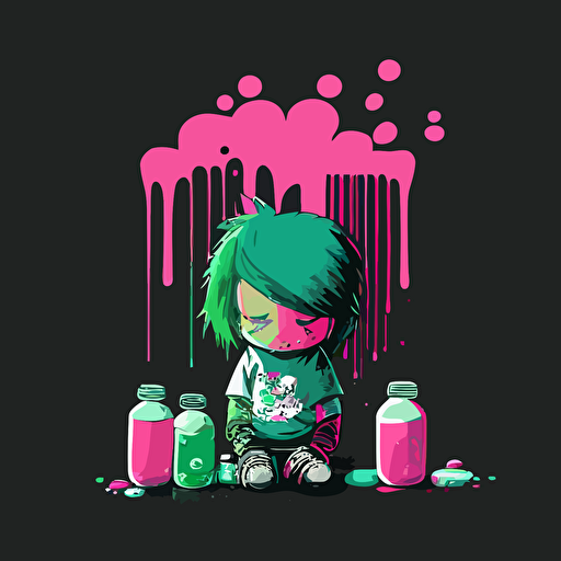 vector,splashy,pink,green,kid,holding pills bottles in hands,depressed,sad,crying