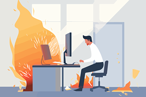Person in an office burning the computer, flat style illustration for business ideas, flat design vector, industrial, light and magical, high resolution, entrepreneur, colored cartoon style, cad( computer aided design) , white background