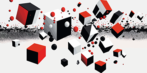 minimalist, vectorized, red white and black colors, print layer , delicacy, elegant, 11 small glass cubes flying in the sky