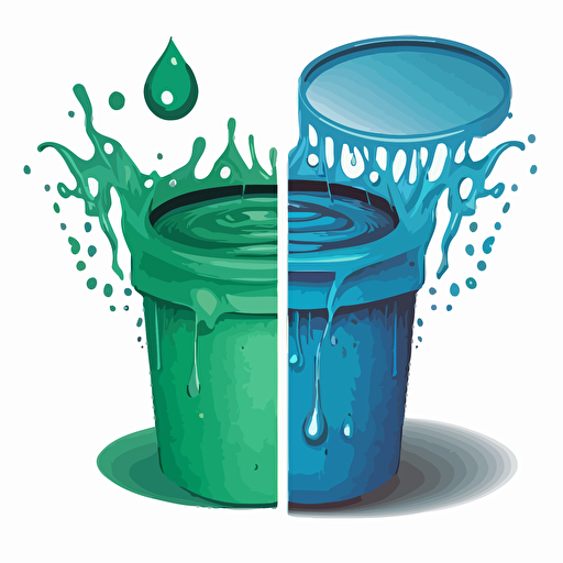 a vector image with a very small bottlecap of water pouring one drip of water into a big bucket versus a big bucket dumping a lot water on an overflowed drowning bottlecap