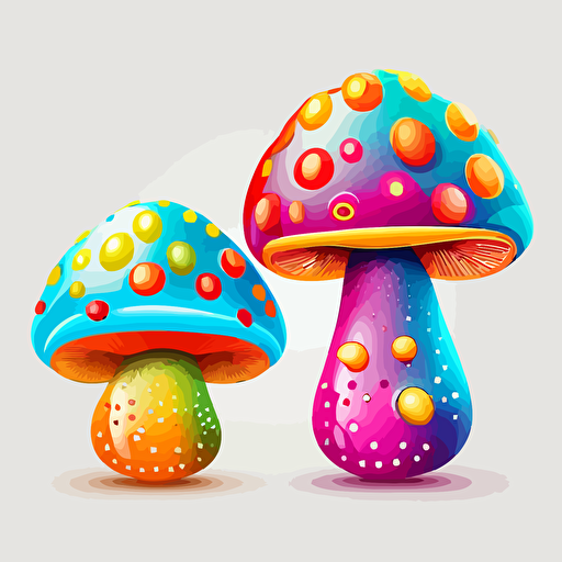 two illustrated mushroom, fantastical, magical, vector art, vivid colours, isolated white background
