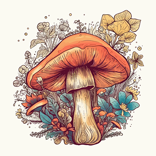 a beautiful mushroom with a surrounding floral design in detailed drawing style + simple vector + bright colors on a white background