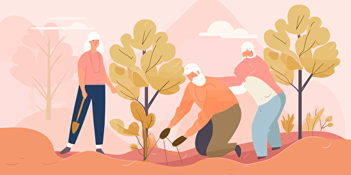 A white-haired old man and 2 young female Gardeners planting trees together. 2D, vector illustration, bright colors. Drawing using AI.