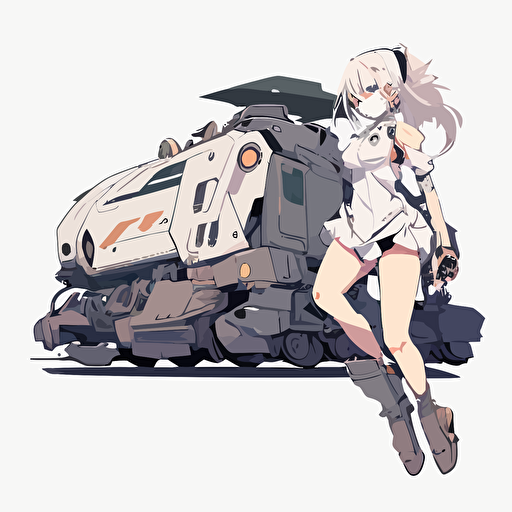 Anime style honkai and a train, minimalistic, flat, vector design, white background