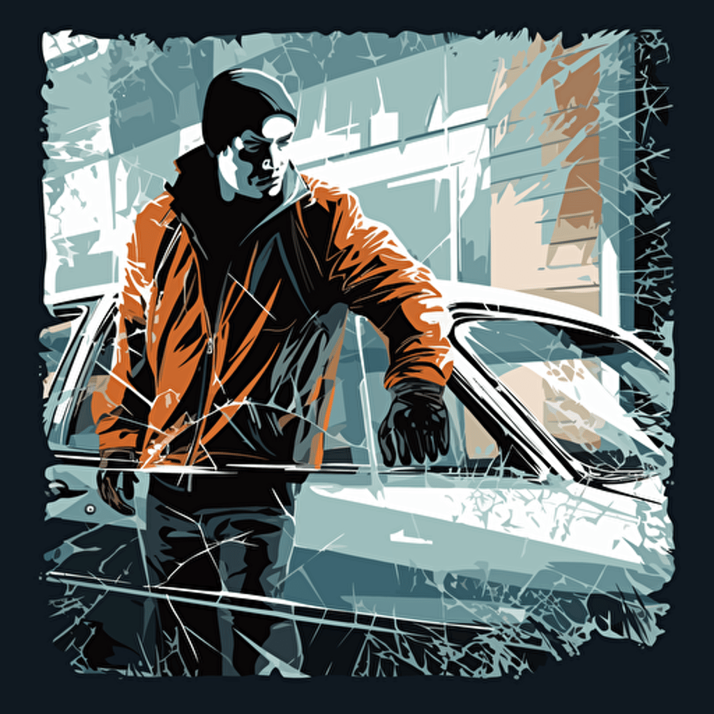 street level gangsta stealing a car, broken car window, vector art